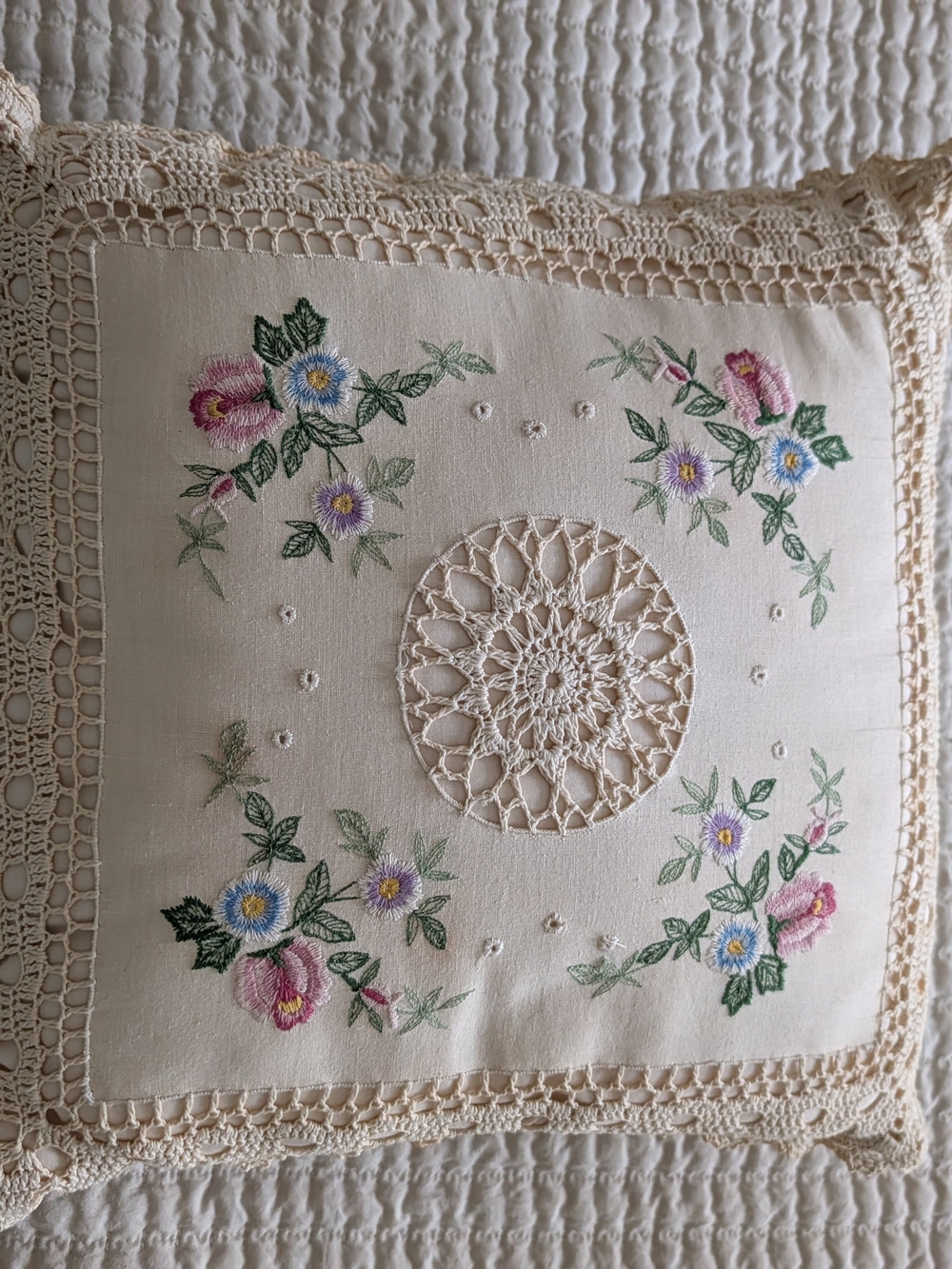 Hand-Embroidered Floral Lace Accent Pillow - Cream